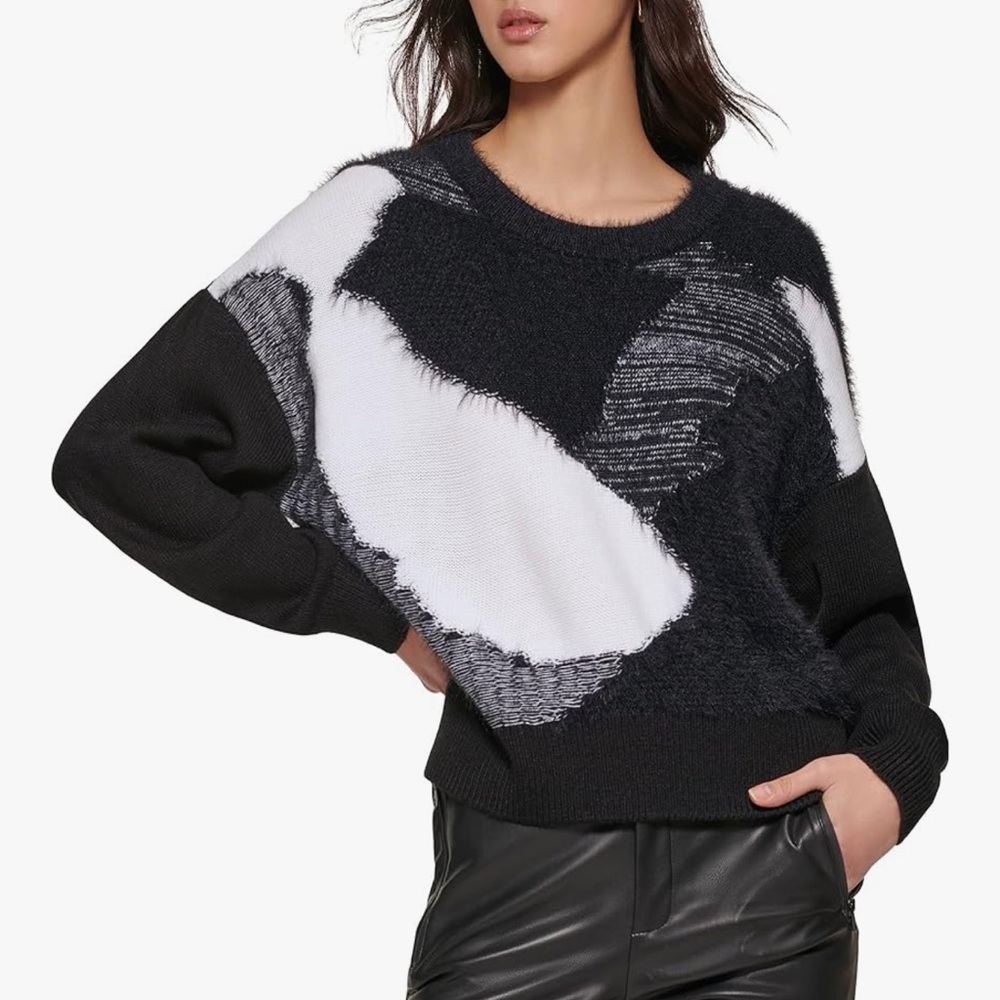DKNY Women's Fuzzy Multicolor Long Sleeve Sweater Ice Chip Grey/ Black Size XS